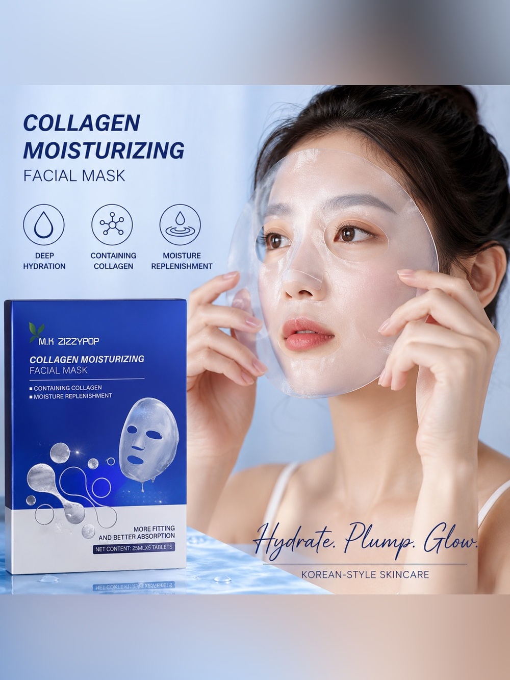 M.K Zizzypop Collagen Moisturizing Facial Mask 5 Pack Hydrating Glass Skin Masks